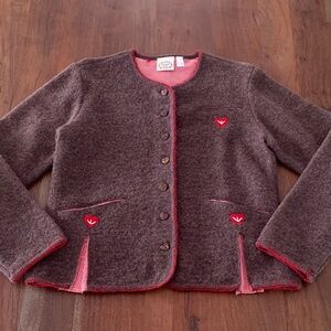 Boiled Wool Cardigan in Dark Brown with Red Accents, Sz M-L